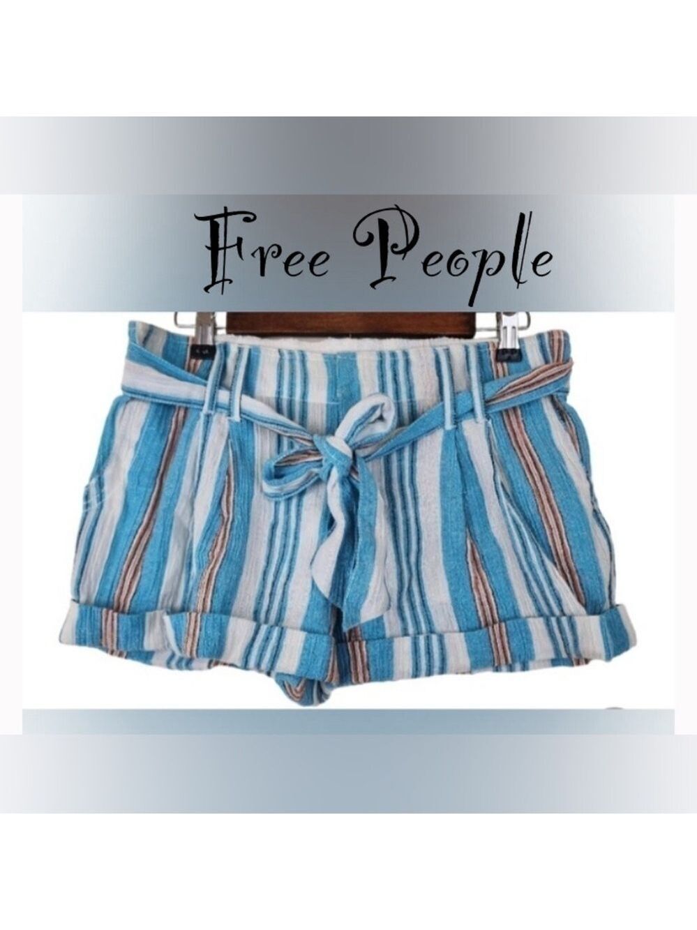 Free People Striped blue orange belted, cuffed shorts size 6 100% Cotton